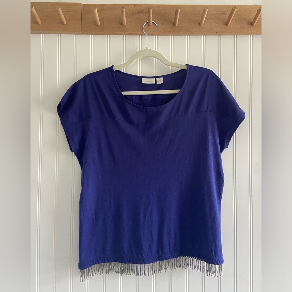 Chico’s Beaded Fringe Feminine Festival Short Sleeve Lightweight Blue Top M/ 8